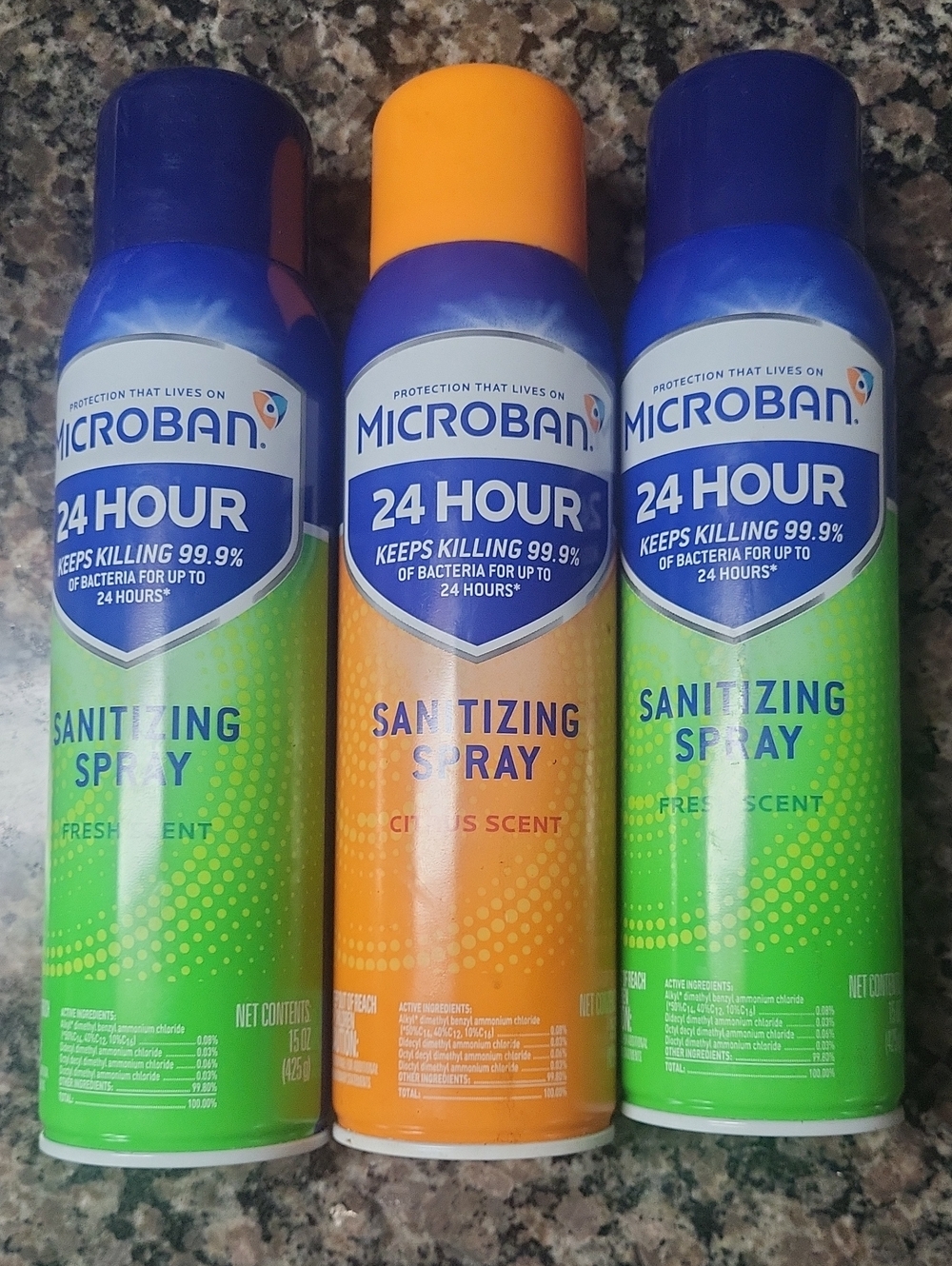 Lot of 3 Microban Sanitizing Spray 2 FRESH SCENT & 1 Citrus Scent new each 15 oz